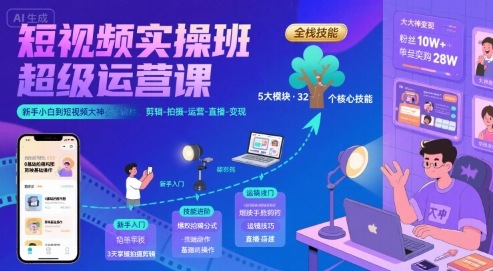 短视频实操班超级运营课，新手小白到短视频大神必修课程，剪辑-拍摄-运营-直播-变现-众创项目基地