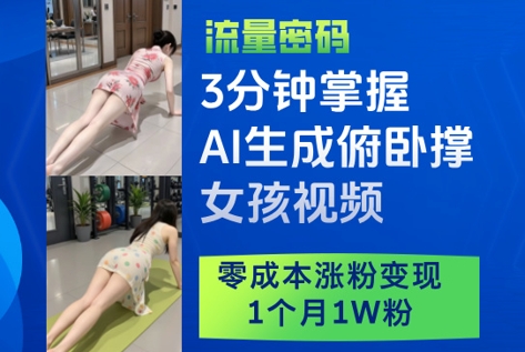 3分钟掌握AI生成俯卧撑女孩视频，零成本涨粉变现，1个月1W粉-众创项目基地