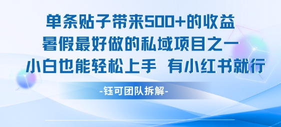 单条贴子带来5张的收益，暑假最好做的私域项目之一，小白也能轻松上手，有小红书就行-众创项目基地