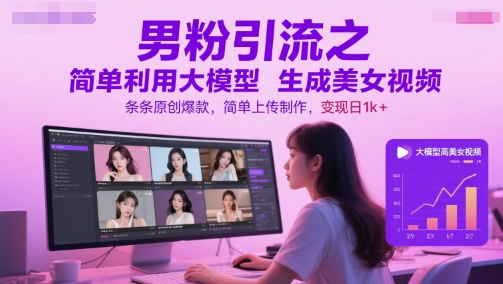 男粉引流之简单利用大模型生成美女视频，条条原创爆款，简单上传制作，变现日1k+-众创项目基地