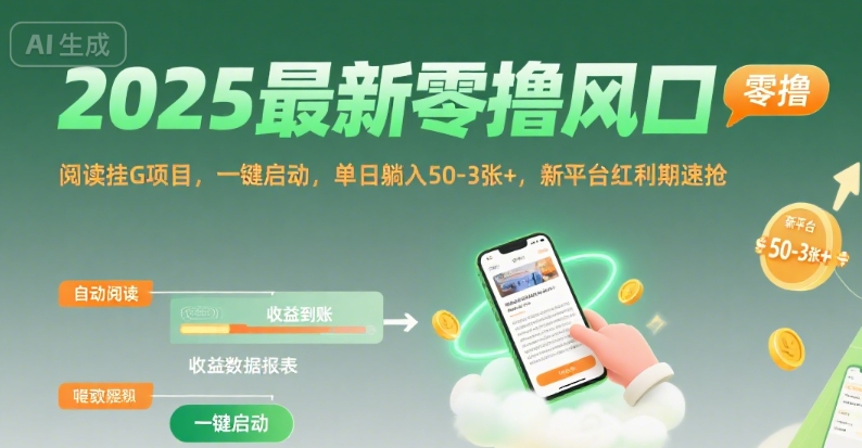 2025最新零撸风口，阅读挂G项目，一键启动，单日躺入 50-3张+，新平台红利期速抢【揭秘】-众创项目基地