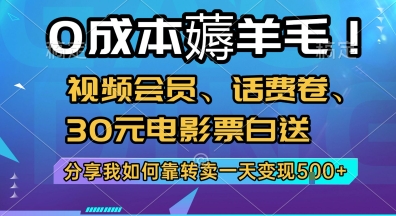 0成本薅羊毛!视频会员、话费卷、30元电影票白送，分享我如何靠转卖一天变现5张+【揭秘】-众创项目基地