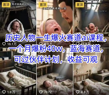历史人物一生爆火赛道ai课程，一个月爆粉40w，蓝海赛道，可过伙伴计划，收益可观-众创项目基地