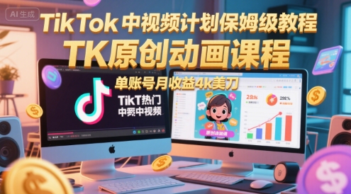 TikTok中视频计划保姆级教程，TK原创动画课程，单账号月收益4k美刀-众创项目基地