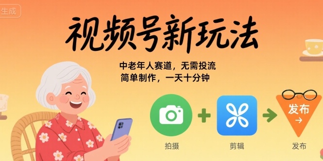 视频号新玩法，中老年人赛道，无需投流，简单制作，一天十分钟，月入1W-众创项目基地