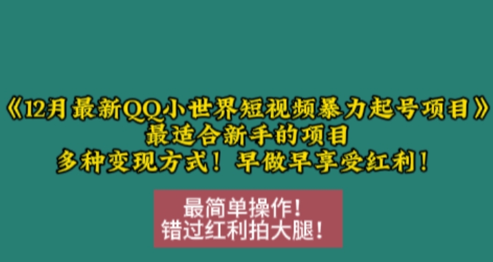 12月最新QQ小世界短视频暴力起号项目，最适合新手的项目，多种变现方式-众创项目基地