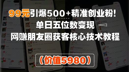 99元引爆500+精准创业粉！单日五位数变现，网创朋友圈获客核心技术教程-众创项目基地
