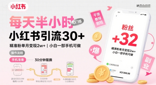 每天半小时小红书引流30+，精准粉单月变现2w+，小白新手一部手机可做，今天5分钟硬核实操-众创项目基地