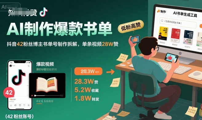 AI制作爆款书单，抖音42粉丝博主书单号制作拆解，单条视频28W赞-众创项目基地